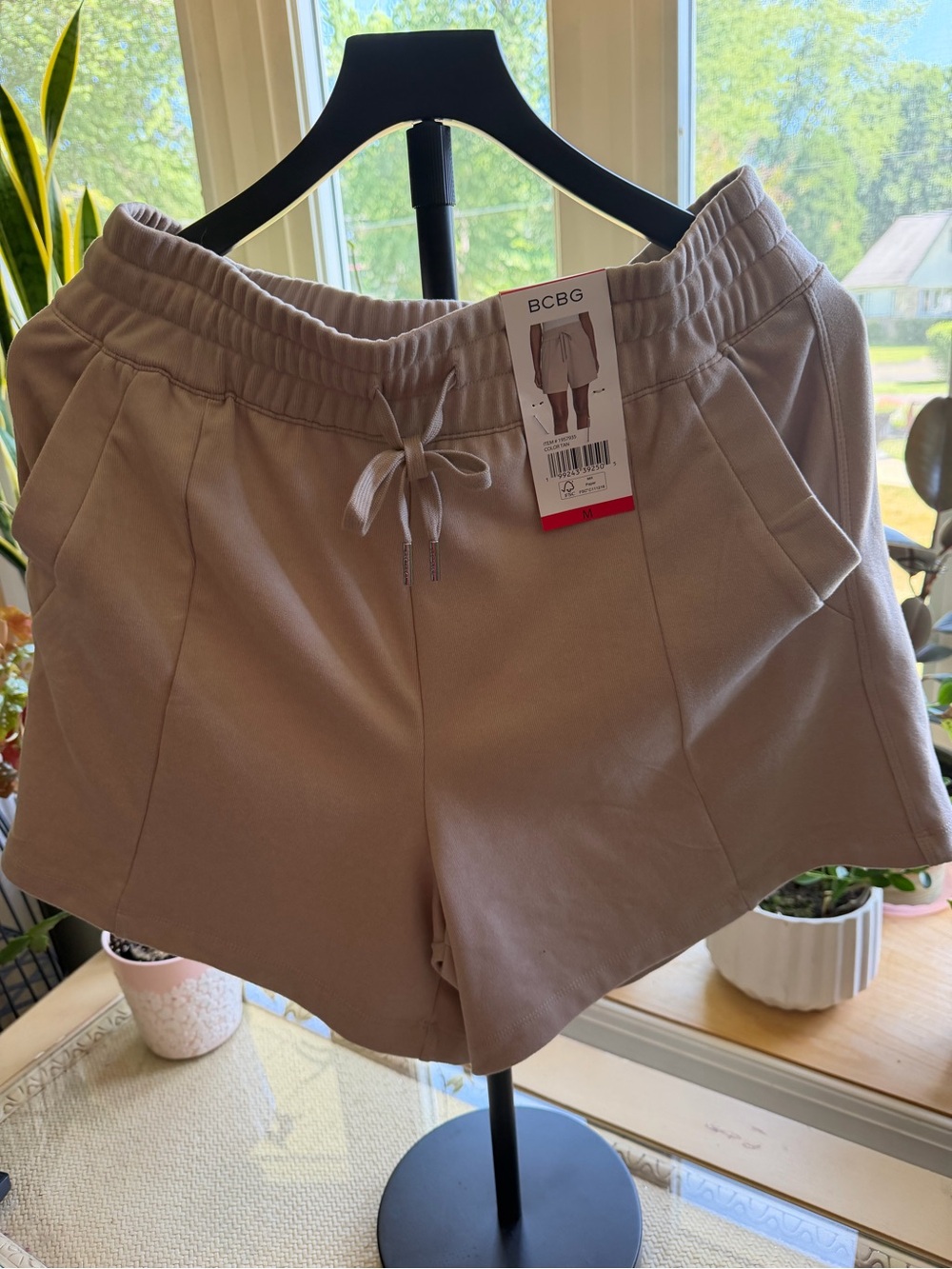 BCBG High-Waist Drawstring Shorts in Taupe